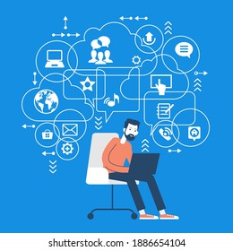 Fondo vectorial. Concepto de medios sociales. С comunicación en las redes informáticas mundiales. Conjunto de iconos de concepto de diseño plano para servicios web y móviles. Humano y símbolos.