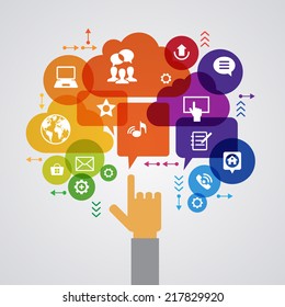 Vector background. Social media concept. Communication in the global computer networks. Set of flat design concept icons for web and mobile services. Human hand, and symbols in the form of a tree. 