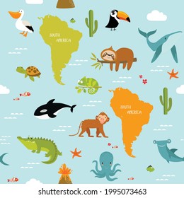 Fondo vectorial Sudamérica con animales de dibujos animados. Ballena, ballena asesina, mono, cocodrilo, tocan, pereza, tocan, pelícano. Se puede imprimir en tela.