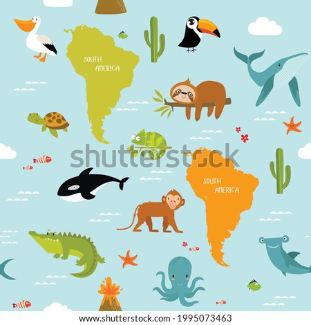 Vector background South America with cartoon animals. Whale, killer whale, monkey, crocodile, toucan, sloth, toucan, pelican. Can be printed on fabric.