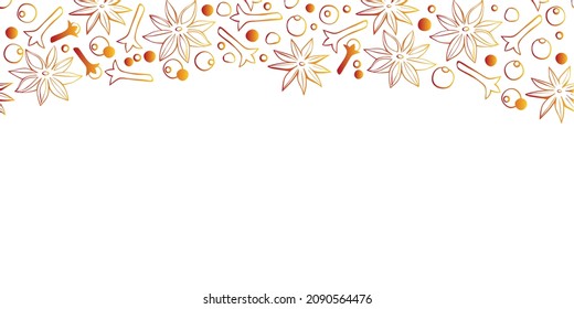 Vector background with space and border of spice, seasonings on upper edge. Backdrop , border, decor with star anise, carnation, pepper in doodle style. Template for menu, recipes