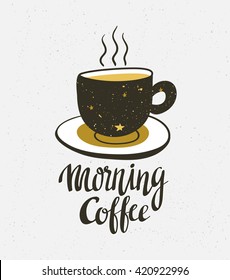 Vector background with space elements on coffee cup and lettering 'Morning coffee'.