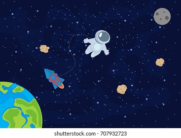 Vector background with space, stars, astronaut and rocket.