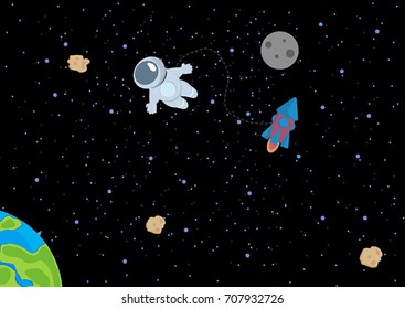 Vector background with space, stars, astronaut and rocket.