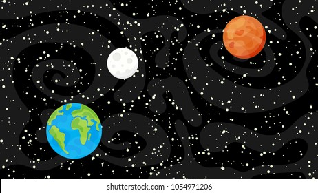 Vector background with space, stars, dust, earth, moon and mars
