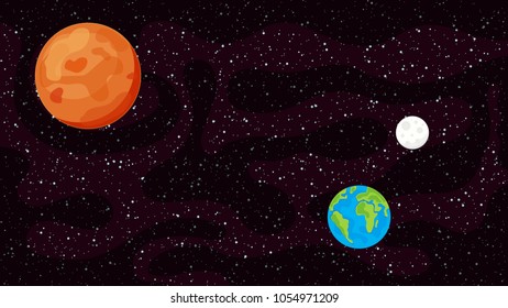 Vector background with space, stars, dust, earth, moon and mars