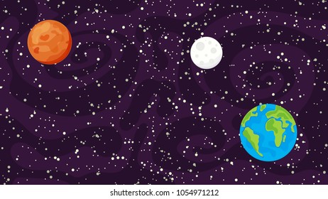 Vector background with space, stars, dust, earth, moon and mars