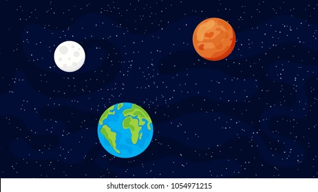 Vector background with space, stars, dust, earth, moon and mars