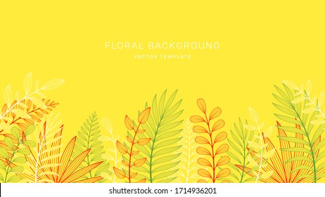 Vector background with space for text, elegant plants and palm leaves in graphic line art style. Design template for greeting cards, posters, banners, horizontal format.