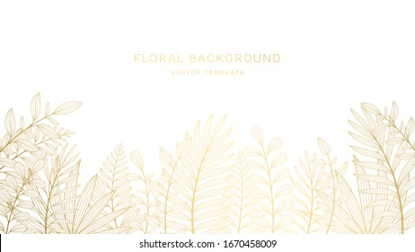 Vector background with space for text and golden elegant plants and leaves in graphic line art style. Design template for greeting cards, posters, banners, horizontal format. 