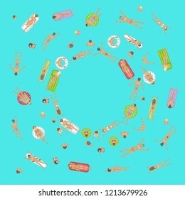 Vector background. Space for your text. People swim on inflatable circles, inflatable mattresses, surfboards. Top view. Summer time. Men and women swim in the ocean, sea, water. 