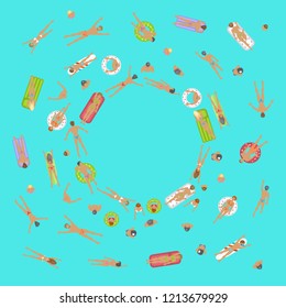 Vector background. Space for your text. People swim on inflatable circles, inflatable mattresses, surfboards. Top view. Summer time. Men and women swim in the ocean, sea, water. 