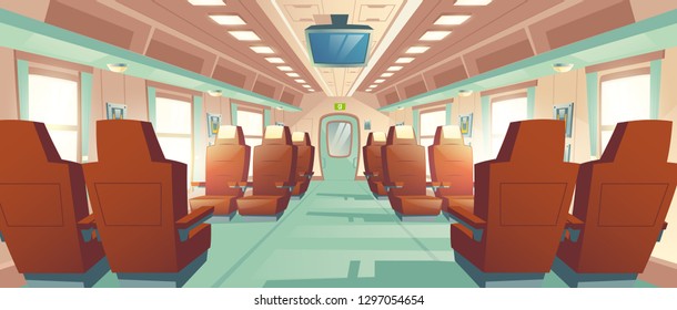 Vector background of spacious cabin in bullet train, seats with brown leather and TV. Bright salon with an aisle in modern express, empty business places. Armchairs in railway carriage for journey.