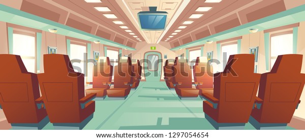 Vector background of spacious cabin in bullet\
train, seats with brown leather and TV. Bright salon with an aisle\
in modern express, empty business places. Armchairs in railway\
carriage for journey.