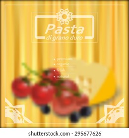 Vector background of spaghetti with cherry tomatoes, olives and cheese.