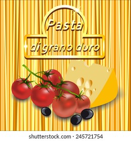 Vector background of spaghetti with gold logo, cherry tomatoes, olives and cheese.
