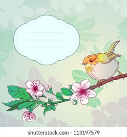Vector background with a sparrow on a branch of cherry