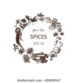 Vector background - spices, herbs, vegetables.