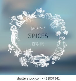 Vector background - spices, herbs, vegetables.
Realistic, unfocused nature, landscapes.