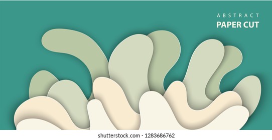 Vector background with splash water paper cut shapes in green color. 3D abstract paper art style, design layout for advertising, flyers, posters, prints, decoration, cards, brochure cover.