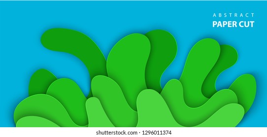 Vector background with splash water paper cut shapes in green and blue colors. 3D abstract paper art style, design layout for advertising, flyers, posters, prints, decoration, cards, brochure cover. 