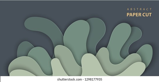 Vector background with splash water paper cut shapes in dark green color. 3D abstract paper art style, design layout for advertising, flyers, posters, prints, decoration, cards, brochure cover. 