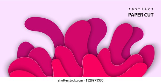 Vector background with splash water paper cut shapes in pink color. 3D abstract paper art style, design layout for advertising, flyers, posters, prints, decoration, cards, brochure cover. 