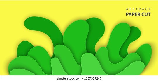 Vector background with splash water paper cut shapes in green and yellow color. 3D abstract paper art style, design layout for advertising, flyers, posters, prints, decoration, cards, brochure cover. 