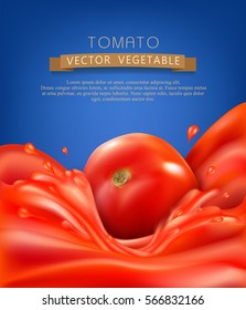 vector background with splashes, waves of red tomato juice and tomato. isolated on blue background