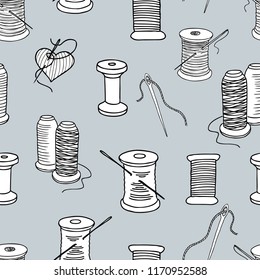 Vector background of spools of threads and needles