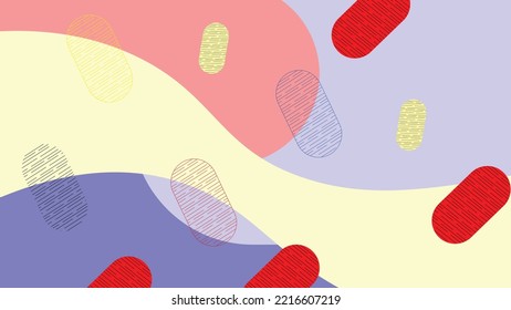 Vector background. Spreading the canvas into sections in pastel colors. Basic colours. Red, blue and light yellow. Across the canvas oval objects with hatch fill. Presentations, newsletters