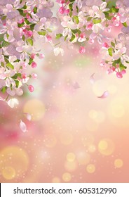 Vector background with spring Apple blossom. Blooming tree branch in springtime