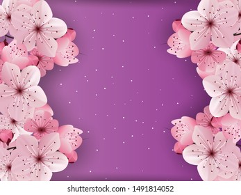 Vector background with spring cherry blossom. Sakura branch in springtime with falling petals and partially isolated purple background
