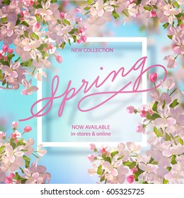 Vector background with spring cherry blossom. Spring collection banner with Apple blossoming branch and text