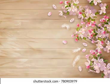 Vector background with spring cherry blossom flowers on a wooden background