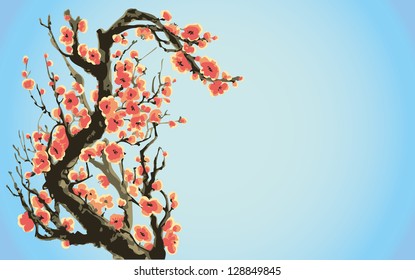 Vector background with spring flowering cherry tree branches against a blue sky