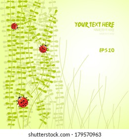 Vector background with spring grass and ladybirds