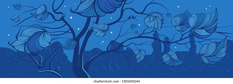 Vector background. Spring tree with birds on starry sky background