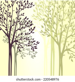 Vector background with spring trees, hand drawn nature illustration