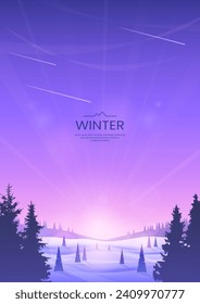 Vector background. Spruce trees in snowdrifts against the background of a bright sky. Nocturne. Winter landscape. Fir trees in the foreground. Design of poster, postcard, web background, flyer, cover.