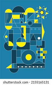 vector background with square element lines and circles are yellow and blue. Can be used for book covers