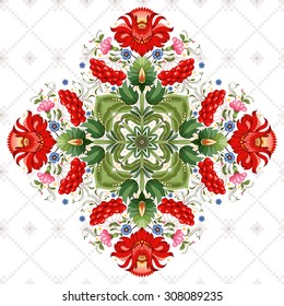 Vector background. Square floral ukrainian pattern with flower in the style of Petrykivka painting. Background with ornament similar to embroidery.