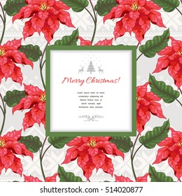 Vector background with square frame for your text. Christmas Star flowers. Scandinavian ornament on backdrop. Christmas collection. 