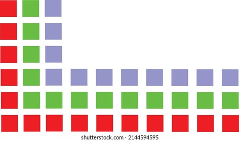 Vector background of squares stacked in a line. Horizontally and vertically. Squares in light blue, red and green. Lines of objects at right angles. Template, pattern, background, wallpaper.