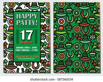 Vector background for St. Patrick's Day with holiday symbols. Template for design card, poster, banner, festive decoration