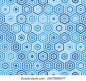 Vector background. Stacked hexagon bold mosaic cell. Blue color tones. Hexagonal cells. Tileable pattern. Seamless vector illustration.