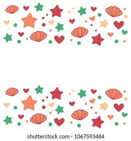 Vector background with star, heart, circle and seashell. Cute design useful for invitations, baby shower, scrapbook. Sticker, clip art for girls.