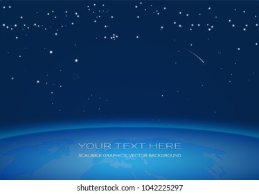 Vector background, starry night sky and horizon planet earth with inscriptions