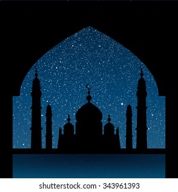 Vector background. Starry night sky. Stars, sky, night. Silhouette of the mosque on a background of the sky.