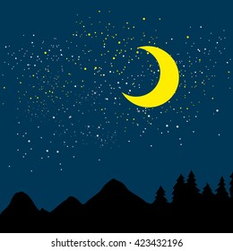 Vector background. Starry night sky. Stars, sky, night. Silhouette of the mountain